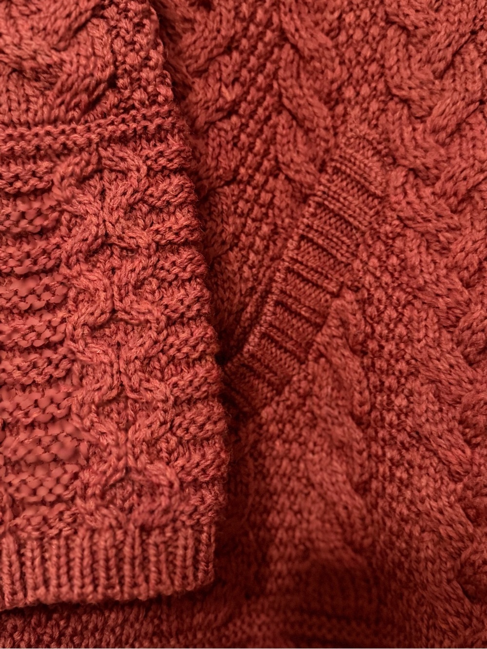 Aran Merino Wool Cable Knit Hooded Zip Cardigan – Rust Red, Size Medium - Picture 11 of 14